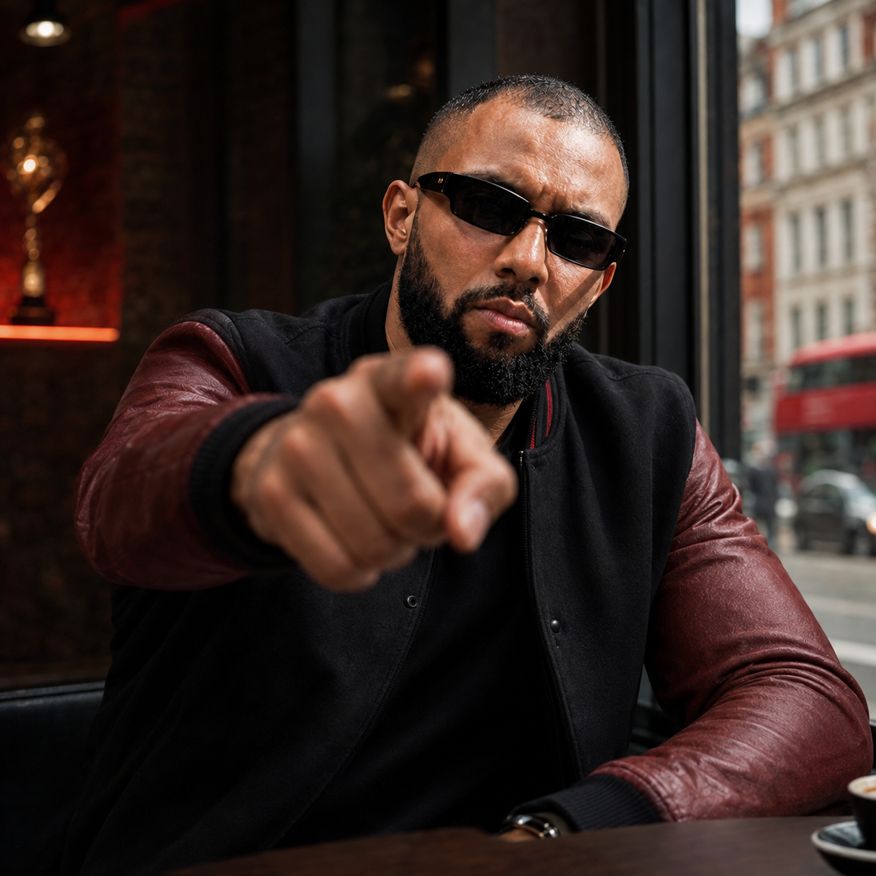Tigz seated at a London café window, pointing at the camera