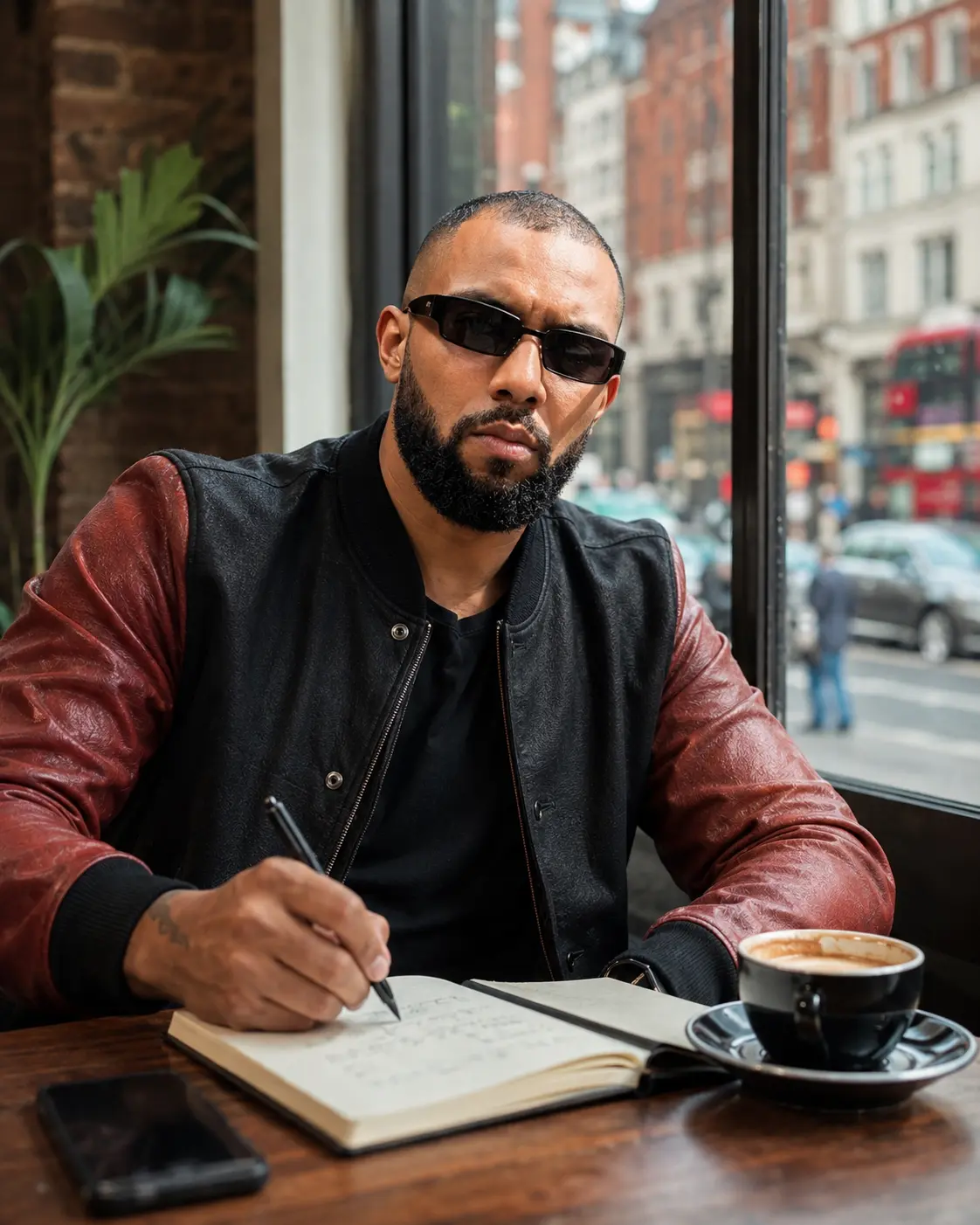 Tigz writing notes in a London café in a red-sleeved varsity jacket